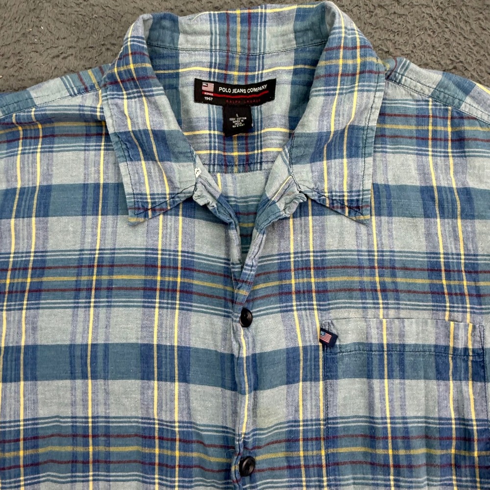 Polo Jeans‎ Company Shirt Mens L Blue Plaid Short Sleeve Button Down Cotton